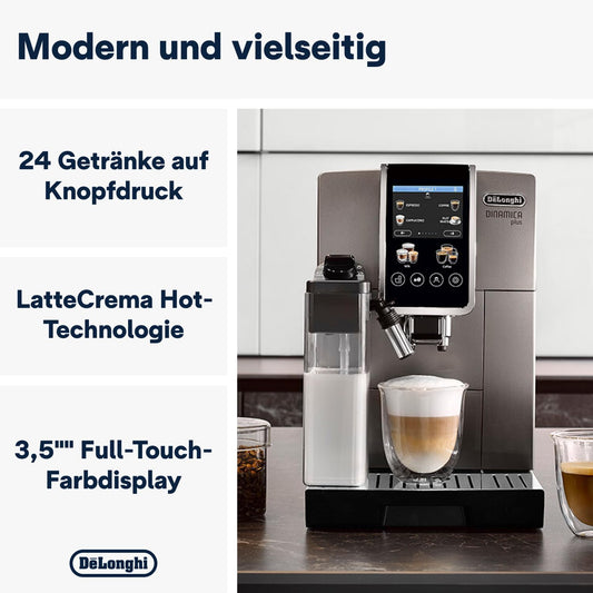 De'Longhi Dinamica Plus ECAM380.95.TB Volautomatische espressomachine met melkcrème, one-touch cappuccino, met 24 recepten, 3,5 inch TFT-kleurendisplay, 1450 W, titanium/zwart
