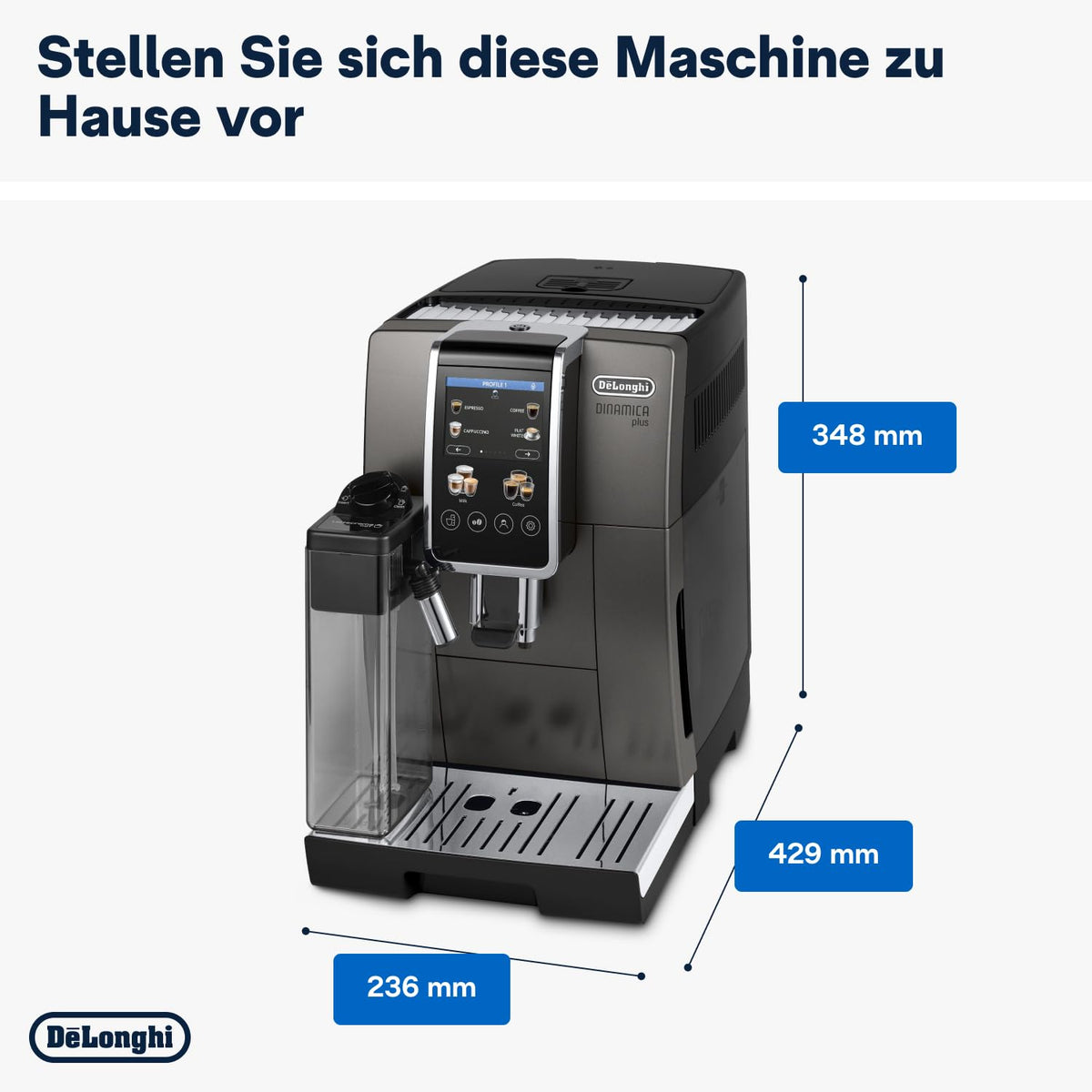 De'Longhi Dinamica Plus ECAM380.95.TB Volautomatische espressomachine met melkcrème, one-touch cappuccino, met 24 recepten, 3,5 inch TFT-kleurendisplay, 1450 W, titanium/zwart