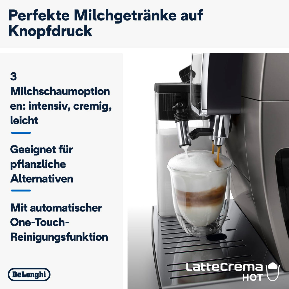 De'Longhi Dinamica Plus ECAM380.95.TB Volautomatische espressomachine met melkcrème, one-touch cappuccino, met 24 recepten, 3,5 inch TFT-kleurendisplay, 1450 W, titanium/zwart