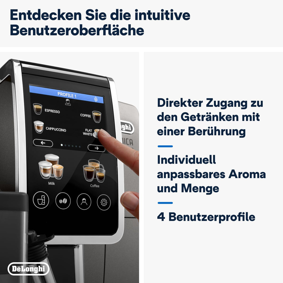 De'Longhi Dinamica Plus ECAM380.95.TB Volautomatische espressomachine met melkcrème, one-touch cappuccino, met 24 recepten, 3,5 inch TFT-kleurendisplay, 1450 W, titanium/zwart