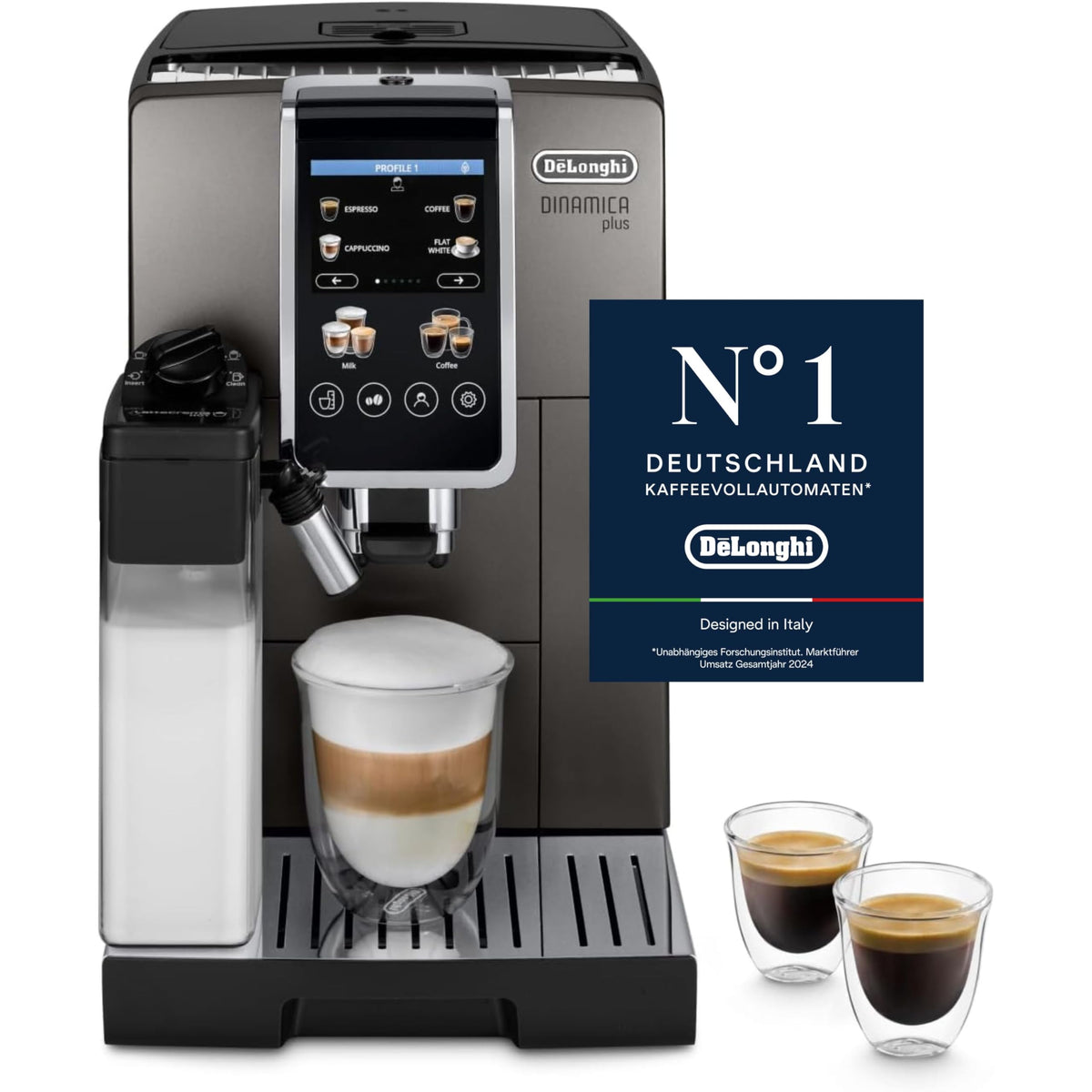 De'Longhi Dinamica Plus ECAM380.95.TB Volautomatische espressomachine met melkcrème, one-touch cappuccino, met 24 recepten, 3,5 inch TFT-kleurendisplay, 1450 W, titanium/zwart