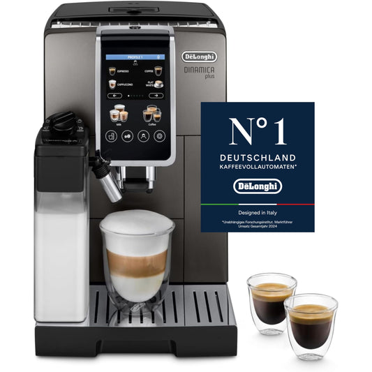 De'Longhi Dinamica Plus ECAM380.95.TB Volautomatische espressomachine met melkcrème, one-touch cappuccino, met 24 recepten, 3,5 inch TFT-kleurendisplay, 1450 W, titanium/zwart